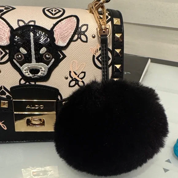 Aldo Black & Pink Dog Motif Top-Handle Satchel with Pom - Picture 9 of 10